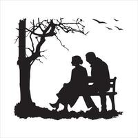 An elderly couple in silhouette sitting on a bench under a tree with birds flying. vector