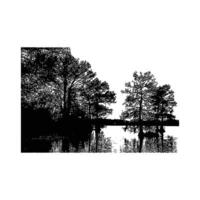 Forest lake silhouette with trees and water reflection. vector