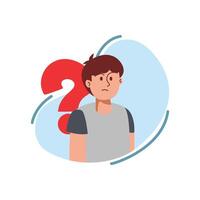 Flat illustration of a confused boy standing with a large red question mark behind him, symbolizing doubt, uncertainty, or curiosity vector