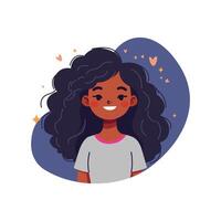 Smiling girl with curly hair and heart icons in flat cartoon style. vector