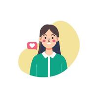 Smiling young woman avatar with heart icon, flat cartoon on abstract background vector