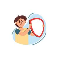Flat illustration of a boy holding a blank red shield, symbolizing protection, safety, or defense, on a light blue abstract background vector