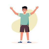 Happy boy character with raised hands, wearing casual clothes, flat style illustration vector