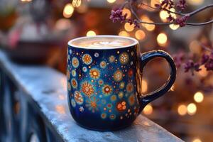 A coffee cup with a colorful design on it photo