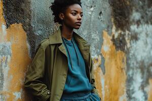 A Fashionable Fusion Olive trench indigo tracksuit textured backdrop photo
