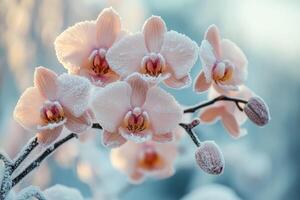Pink orchids are covered in frost photo