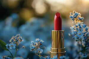 A red lipstick is sitting on a field of blue flowers photo