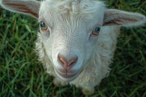 Cute white goat with big eyes munching on green grass photo