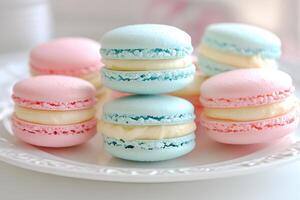 A plate of colorful macarons on a table photo