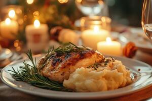 A plate with a chicken breast, mashed potatoes and a glass of wine photo