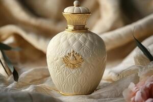 A white perfume bottle with gold trim sitting on a cloth photo