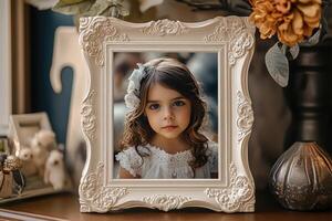 A young girl is looking at a picture frame photo
