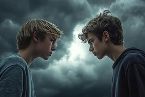 Fierce Debate Teenagers Clash Under Brooding Stormy Sky photo