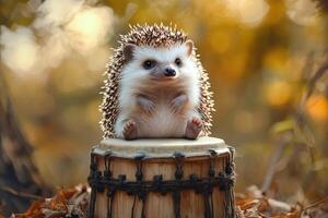 A hedgehog sitting on top of a drum photo