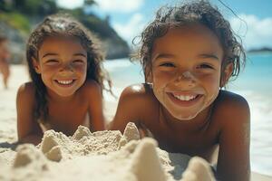 Two young children are smiling while laying on the beach photo