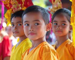 A group of children in yellow and orange clothing photo