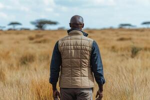 A man in a vest stands in the middle of a field photo