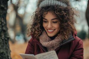 Radiant Woman Sharing SelfImprovement Notes in Serene Park photo