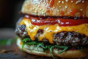 Cheeseburger Heaven Dripping Melted Cheese with Ketchup and Mustard photo