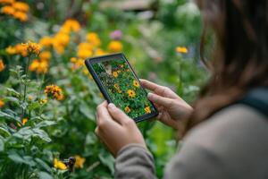 A woman taking a photo of flowers in a garden