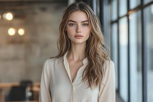 Stylish Logo Integrated Subtle Color Blouse for Sleek Look photo