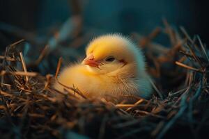 A baby chicken is sitting in a nest photo