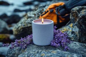 A candle is sitting on a rock near the ocean photo