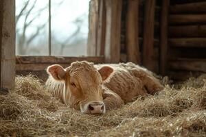 A cow laying in hay photo