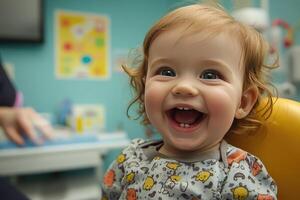 A child is laughing in a dentist chair photo