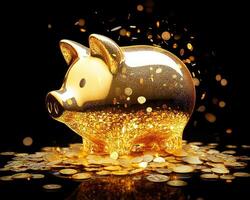 Golden piggy bank with coins on black background photo