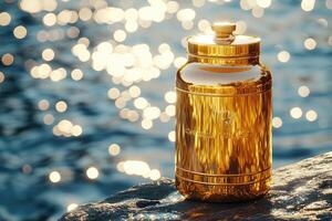 A golden water bottle sitting on a rock by the water photo