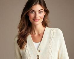 The cardigan sweater is made from a soft, cashmere blend photo
