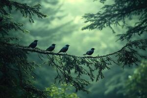 Four birds sitting on a branch in the forest photo