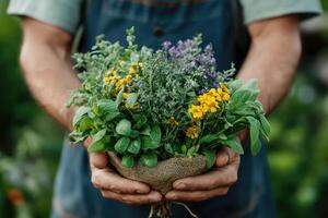 A man holding a bag of herbs in his hands photo