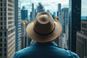 A man wearing a hat looking out over a city photo