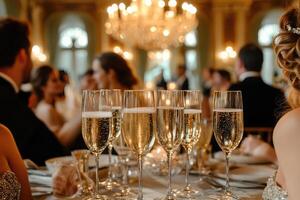 A group of people sitting at a table with champagne glasses photo
