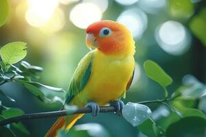 A yellow and orange parrot sitting on a branch photo