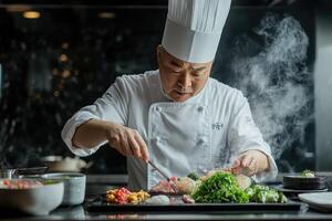 A chef preparing food in a kitchen photo