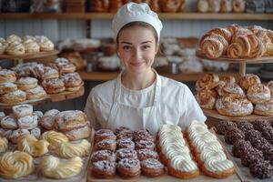 A woman in a white hat is standing in front of a bakery photo