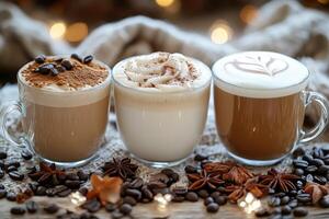 Three different types of coffee drinks are shown photo