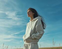 A woman in a white hoodie standing in a field photo