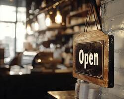 Rustic Wooden Open Sign with Hours of Operation Displayed photo
