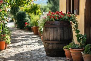 Rustic Charm Vintage Wooden Barrel Water Container in Countryside photo