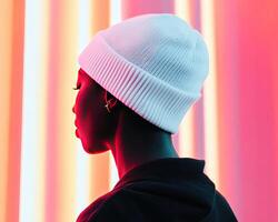 A woman wearing a white beanie and a black jacket photo