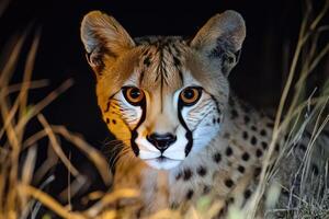 A cheetah is looking at the camera in the dark photo