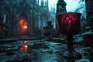 A red goblet sits on the ground in front of a church photo
