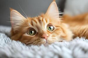 An orange cat laying on a fluffy white blanket photo