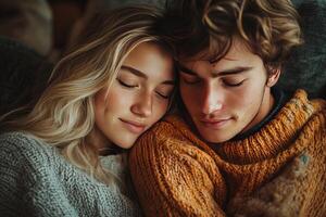 A young couple is cuddling on a couch photo