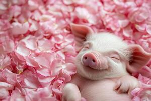 A cute little pig is sleeping in a pile of pink flowers photo