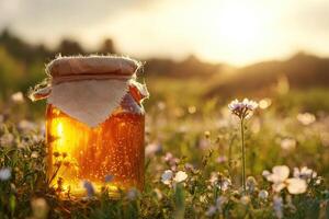 Honey jar in the field with wildflowers photo